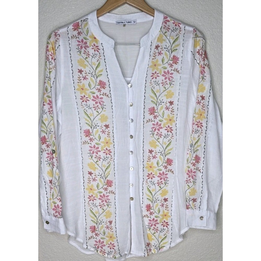 Figueroa & Flower White Sheer Peasant Blouse Woman M Boho Button Up Cottage